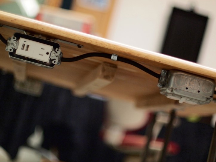 Working Work Table (detail of power switch, outlets, and USB charging outlets)