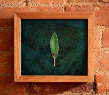 "Absolute: Ignition" (framed in cherry), Oil on reclaimed birdseye maple. 9 1/8" x 8". 7.18.14.