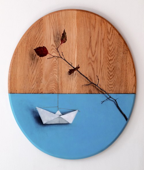 Absolute: Contrive, oil on refinished red oak. 22" x 26". 11.2.15