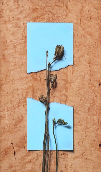 “Absolute: Moment” (detail), Oil paint on reclaimed quilted maple. 11 1/2” x 18 1/2” 3.9.16.