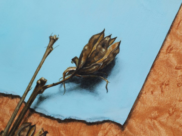 “Absolute: Moment” (detail), Oil paint on reclaimed quilted maple. 11 1/2” x 18 1/2” 3.9.16.