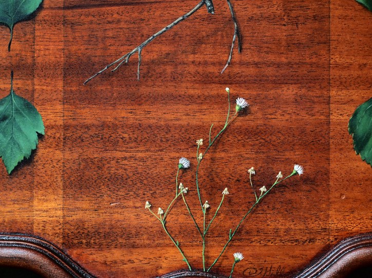 “Absolute: Position”, (detail). Oil paint on reclaimed mahogany pie crust table top. 25 1/2” x 25 1/2”. 8.9.16.