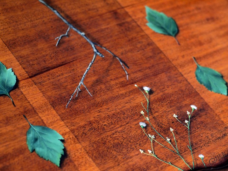 “Absolute: Position”, (detail). Oil paint on reclaimed mahogany pie crust table top. 25 1/2” x 25 1/2”. 8.9.16.