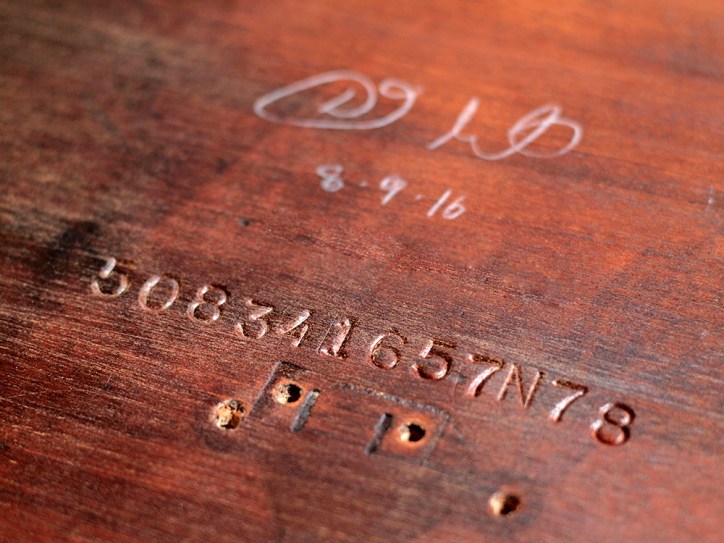 “Absolute: Position”, (detail). Oil paint on reclaimed mahogany pie crust table top. 25 1/2” x 25 1/2”. 8.9.16.