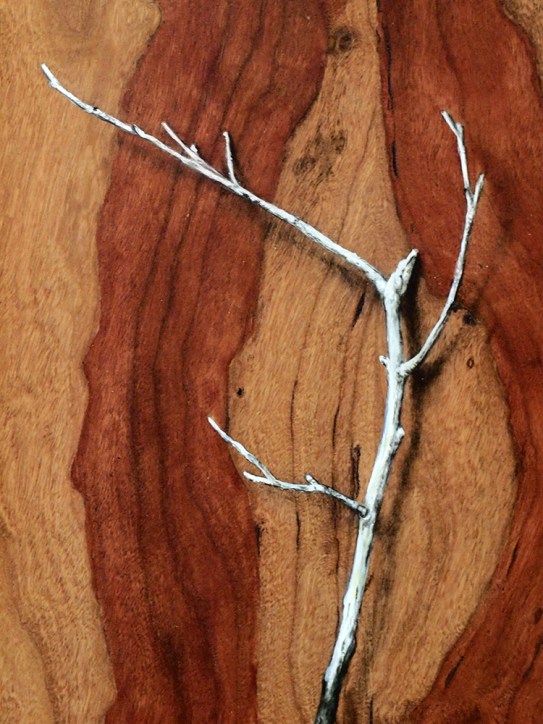 "Absolute: Insulation" (detail), Oil paint on reclaimed cherry wood. 12 3/4” x 15 5/8”. 12.13.16.