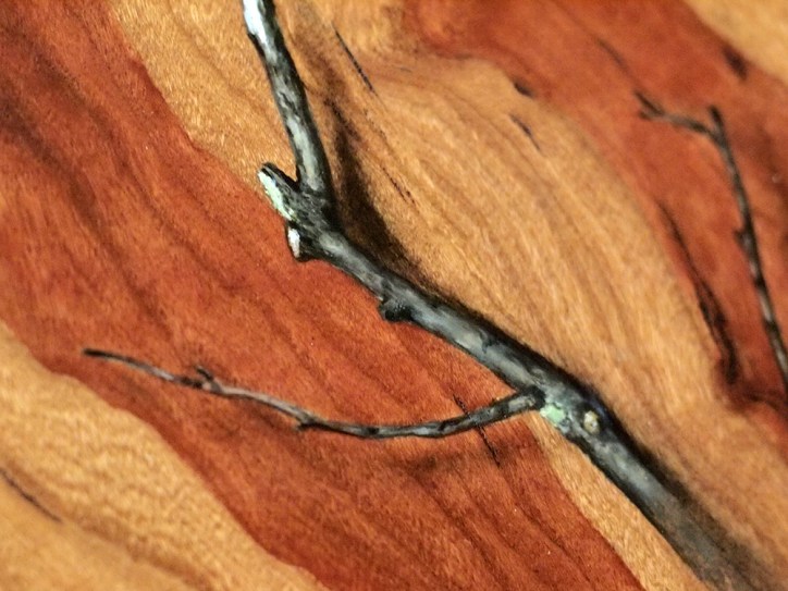 "Absolute: Insulation" (detail), Oil paint on reclaimed cherry wood. 12 3/4” x 15 5/8”. 12.13.16.