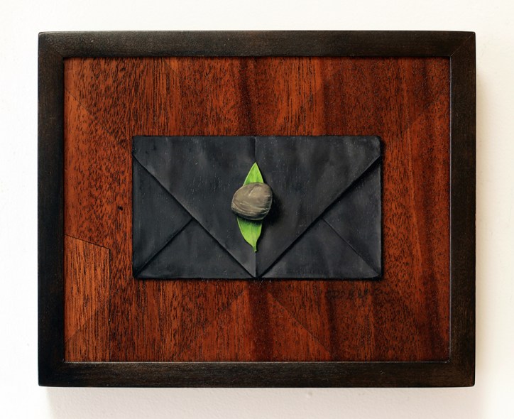 Full image of oil painting, "Absolute: Rest", Oil on reclaimed 1927 Honduran mahogany from a baby grand piano.