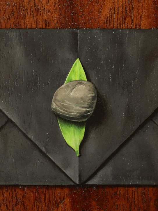 Close up detail of "Absolute: Rest", oil painting on reclaimed wood.