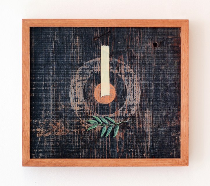 Absolute: Centered, Oil on reclaimed red oak barn wood. 14 3/4” x 13”. 6.10.15.