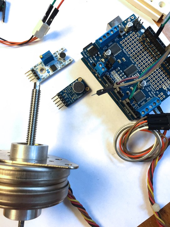 Prototyping the electronics: Arduino + Adafruit motor shield + tiny stepper motor + 2 different mic sensors. Which one is better?