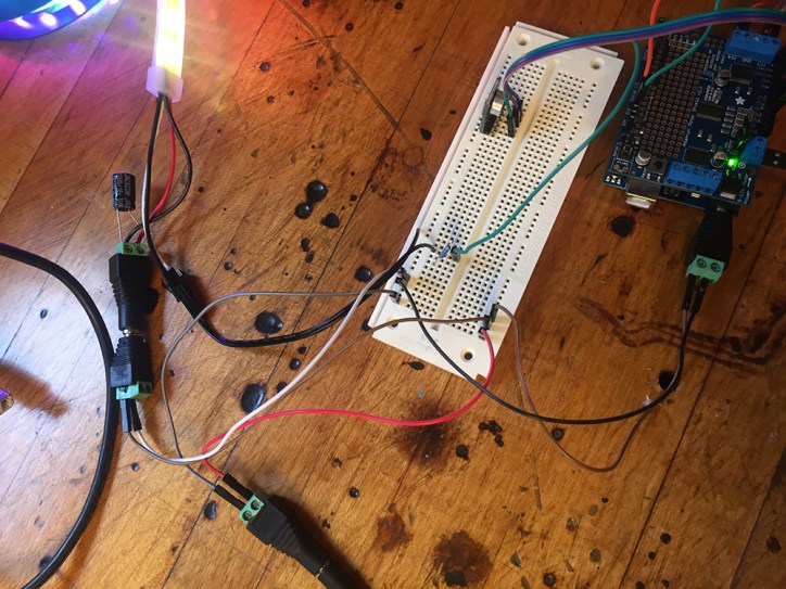 Prototyping the electronics. Arduino + Adafruit motor shield + tiny stepper motor + mic sensor + Neopixel LED strip