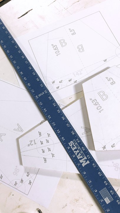 Calculating and re-calculating angles. Scrap wood prototypes before using 130 yr old wood.