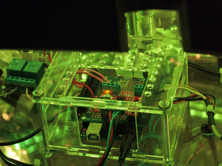 Green light shines on an Arduino + Adafruit Screwsheild + Big Easy Driver board.