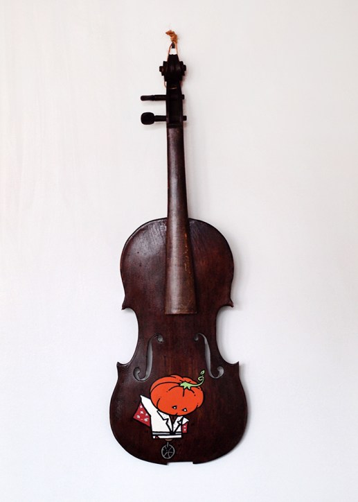 The Pumpkin's King: Acrylic and marker on vintage violin. 23” x 7 7/8” x 2 1/2”. 9.7.18