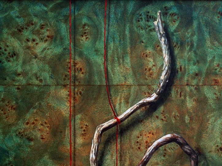“Absolute: Balance” (detail) Oil on reclaimed burled maple. 12 1/2” x 12 1/2”. 10.21.18.