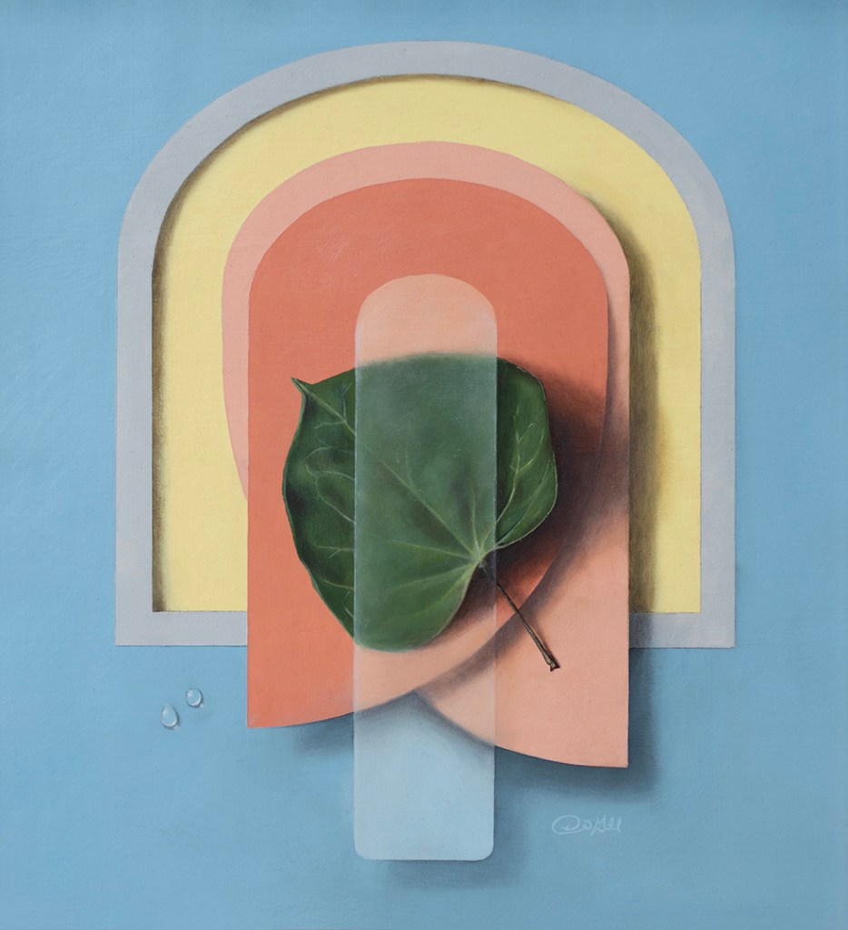 Oil painting by Daric Gill called "Absolute: Passage" portrays a leaf and rain drops on a blue, yellow, and pink background.