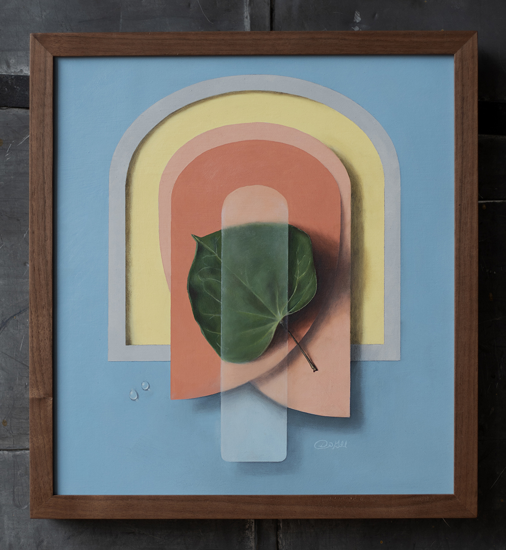 Oil painting, "Absolute: Passage", by Daric Gill, framed on a dark metal wall.