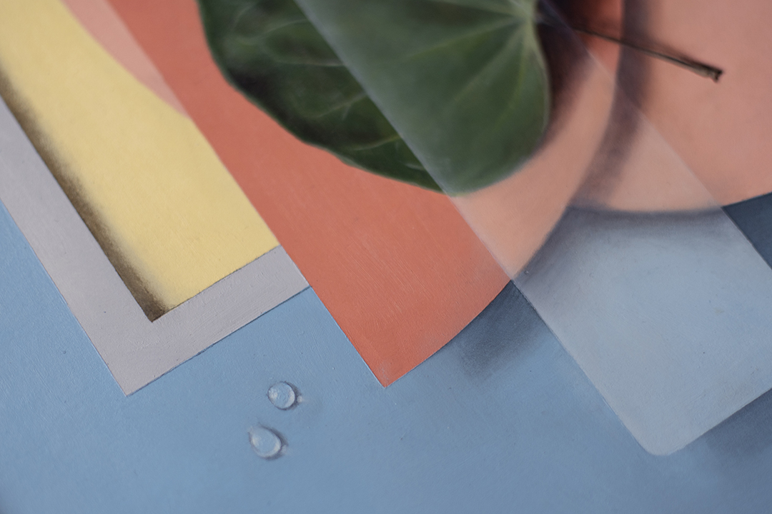 Detail of the oil painting, "Absolute: Passage" by Daric Gill, portraying rain drops and a leaf on colorful background