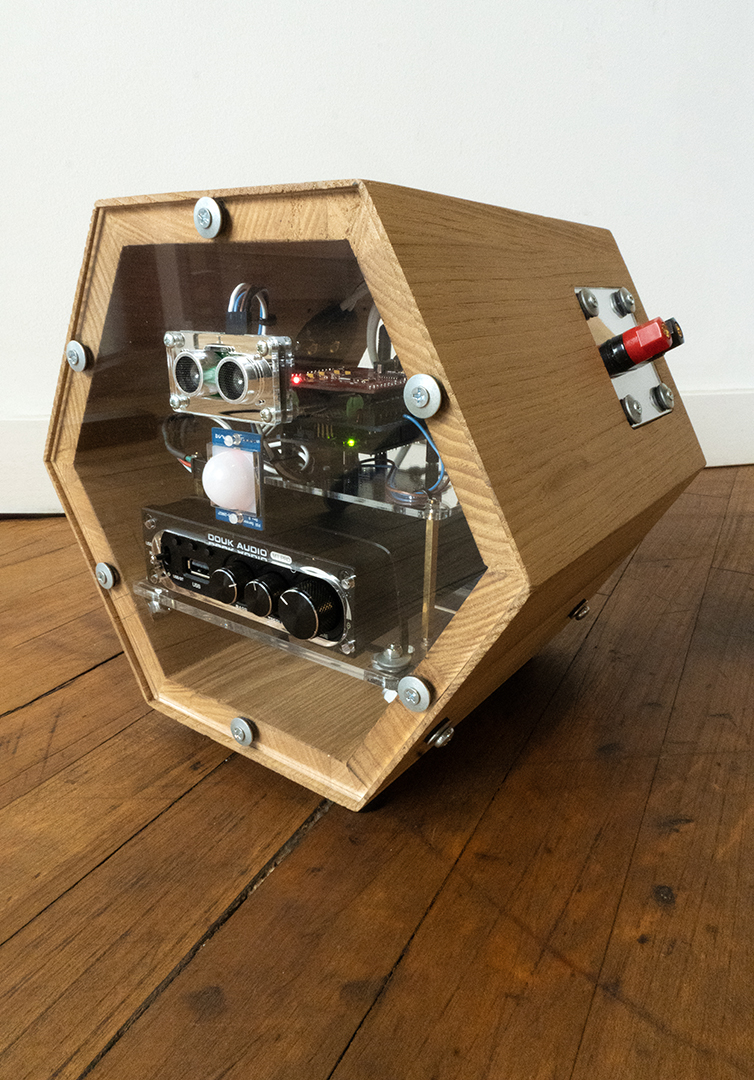 Three quarter view of control center for interactive sound sculpture by Daric Gill