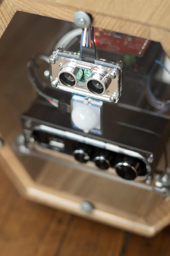 Detailed view of sonar sensor on "The Translation Machine", an interactive sound sculpture by artist Daric Gill.