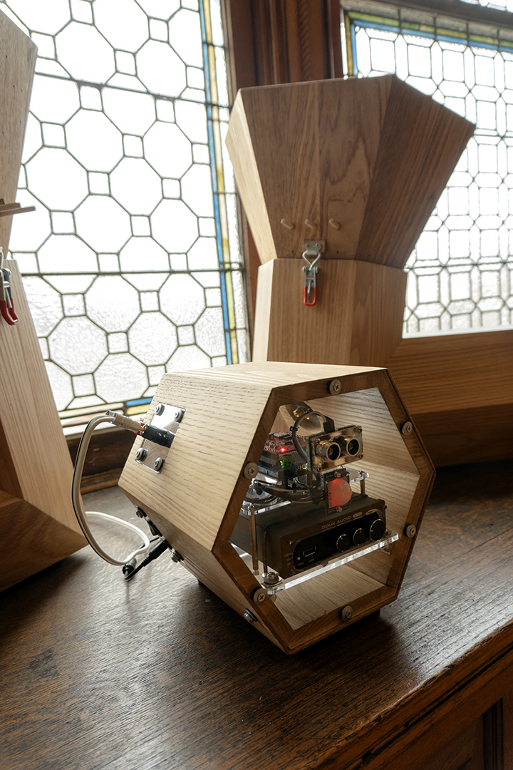 Detail shot of "The Translation Machine" as it sits on display in a mansion.