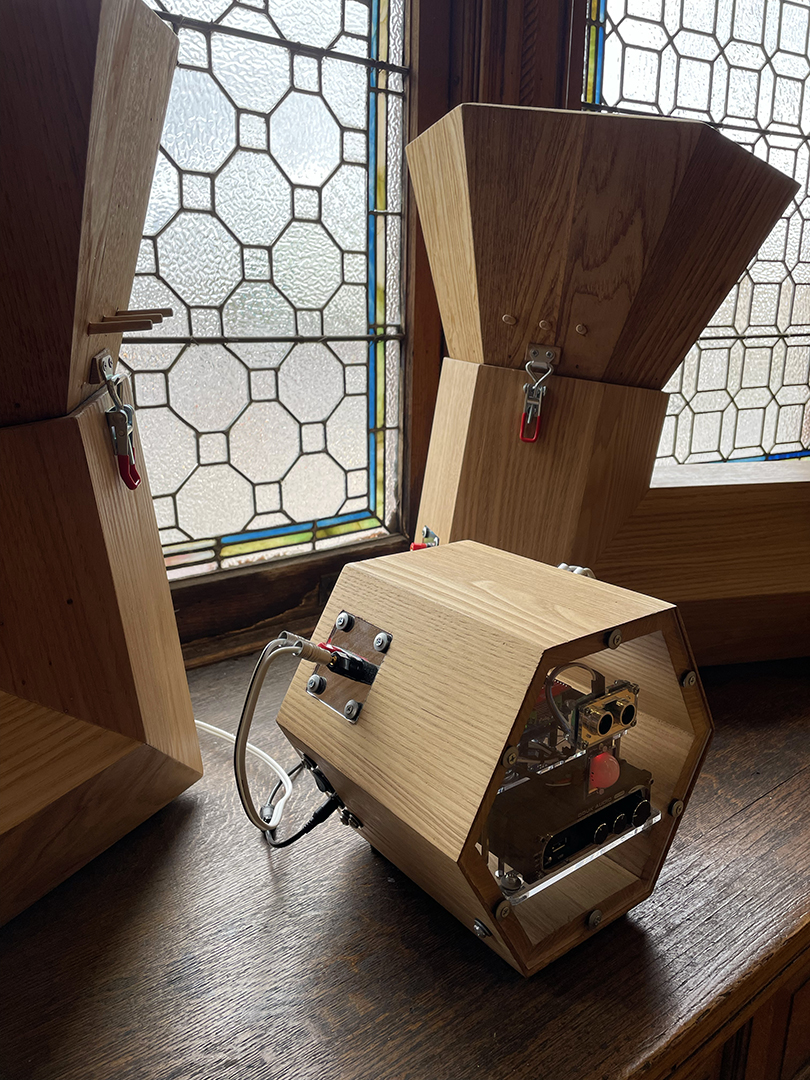 Detail view of electronics and acoustic chambers of "The Translation Machine", an interactive sound sculpture by Daric Gill,