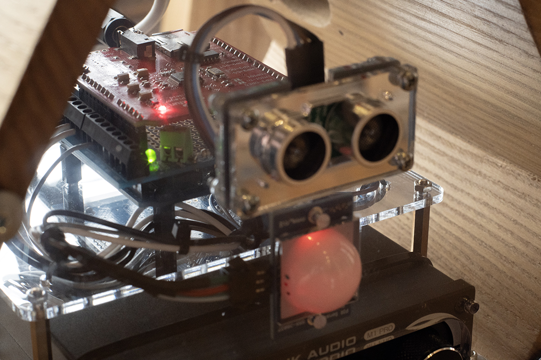 Inner electronics from an interactive sound sculpture.